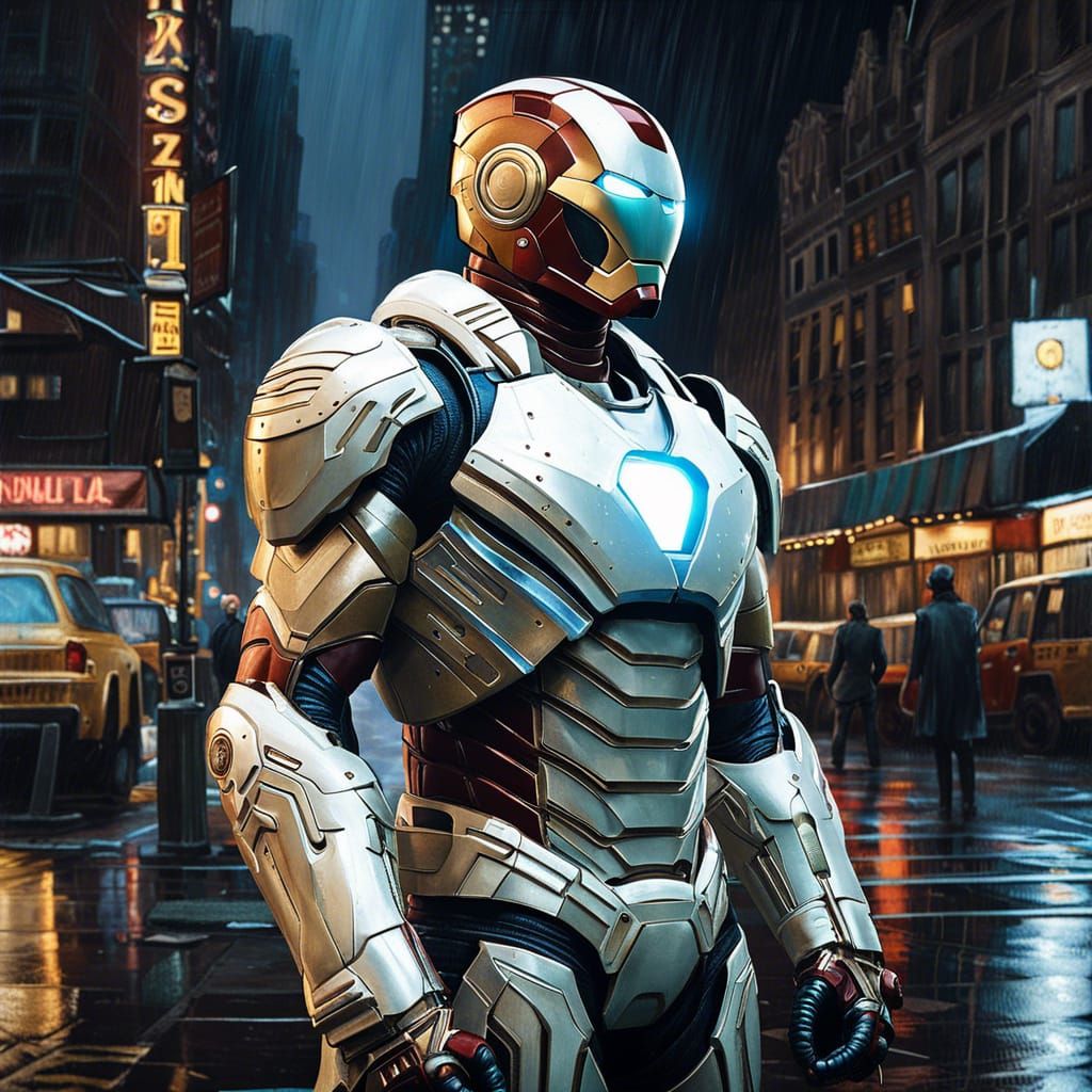 centered cinematic portrait of a rococo white Ironman standi...