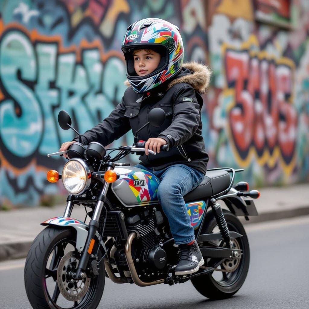 Boy on Graffiti Motorcycle with Graffiti Gear