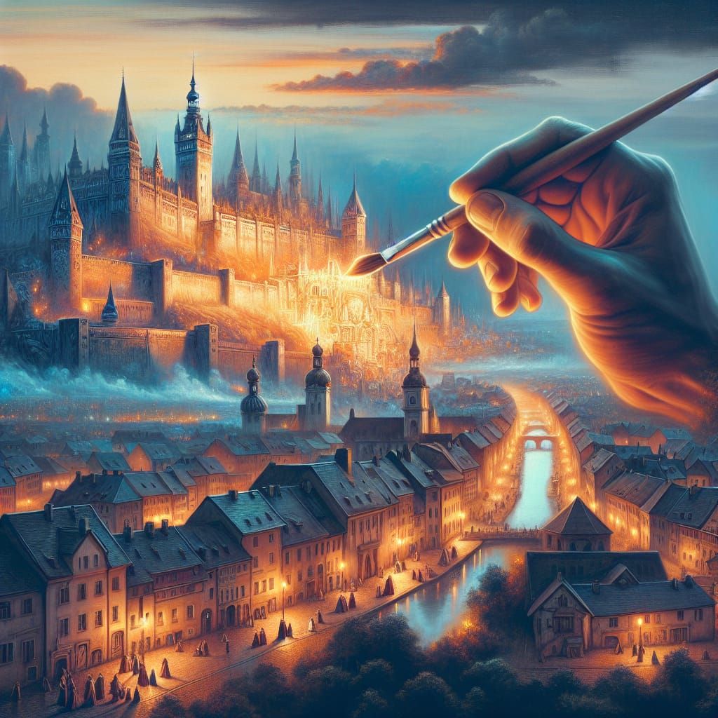 historic european city at dusk. In the center - an illuminated outline of a large castle, which seems to be painted by a giant hand with a b...