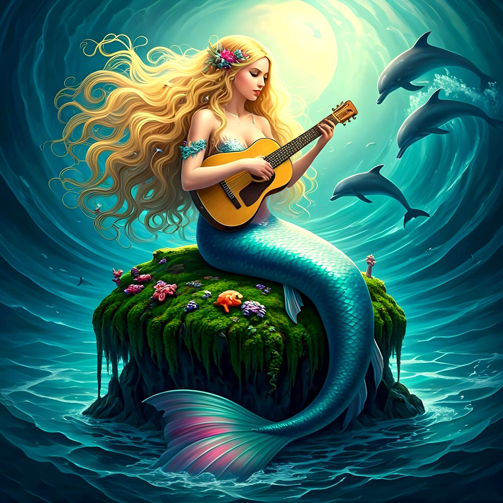 A stunning blond haired mermaid with jewel and pearl encrusted wavy hair, with a turquoise and magenta ...  by @Shelle-Sherrie