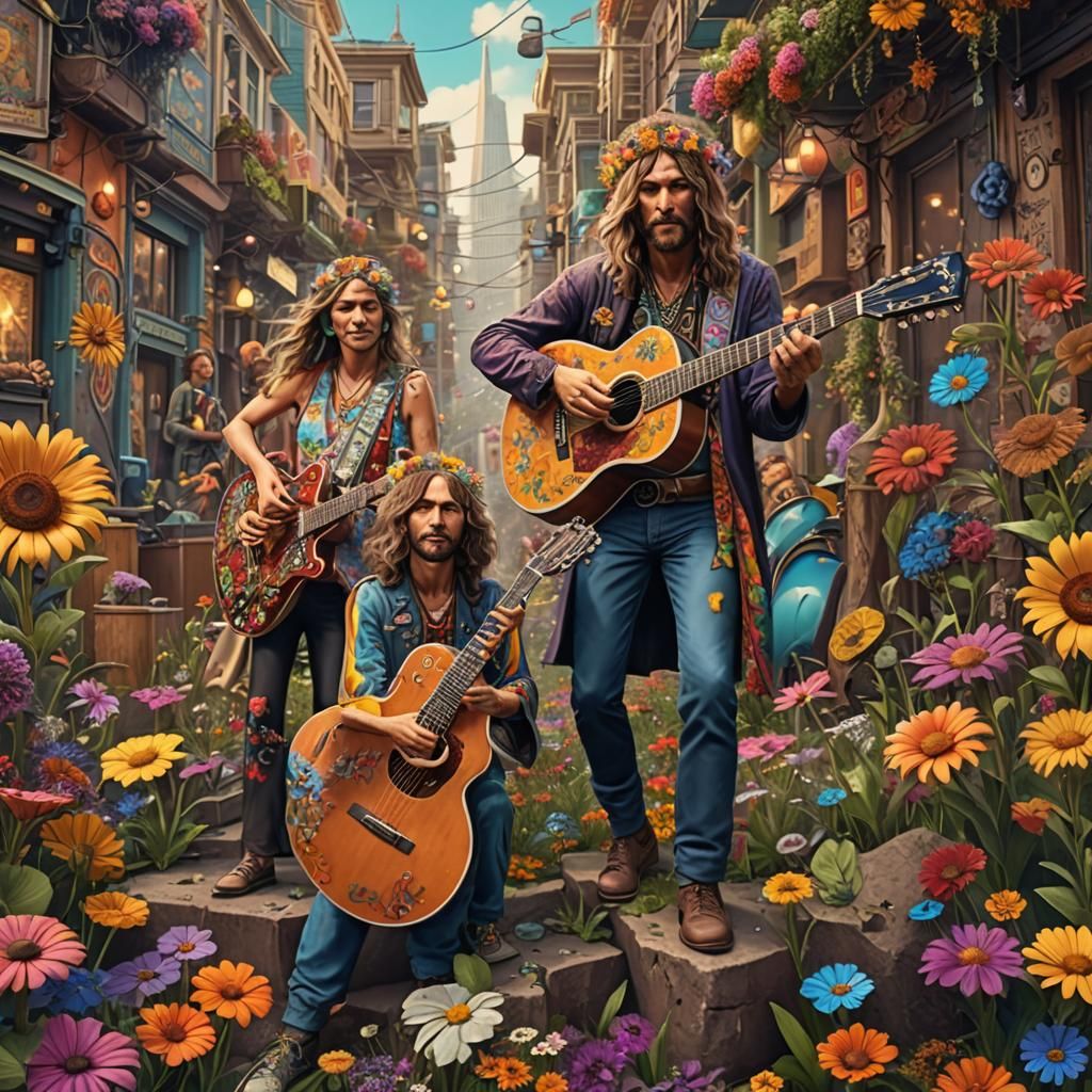 Hippies with guitars flower power in San Francisco
