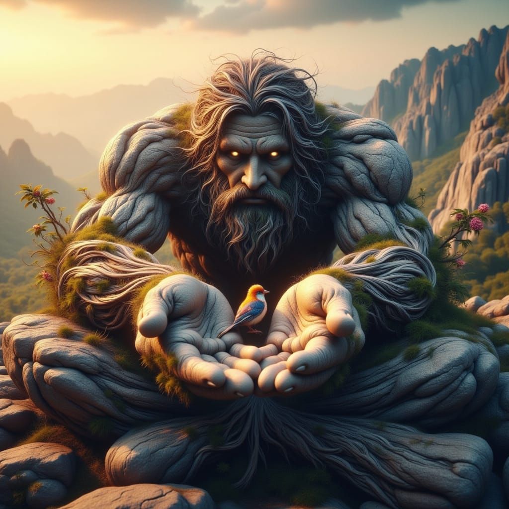 a mighty stone giant cups a tiny bird in his hands. The bird walks around his palms and jumps up onto one of his massive...