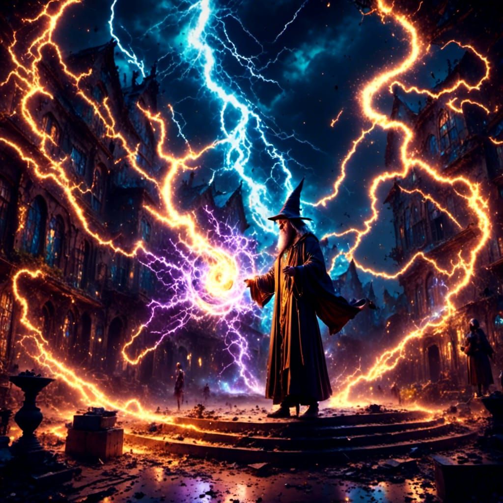 Wizard casts a lightning spell that has shattered the ground...