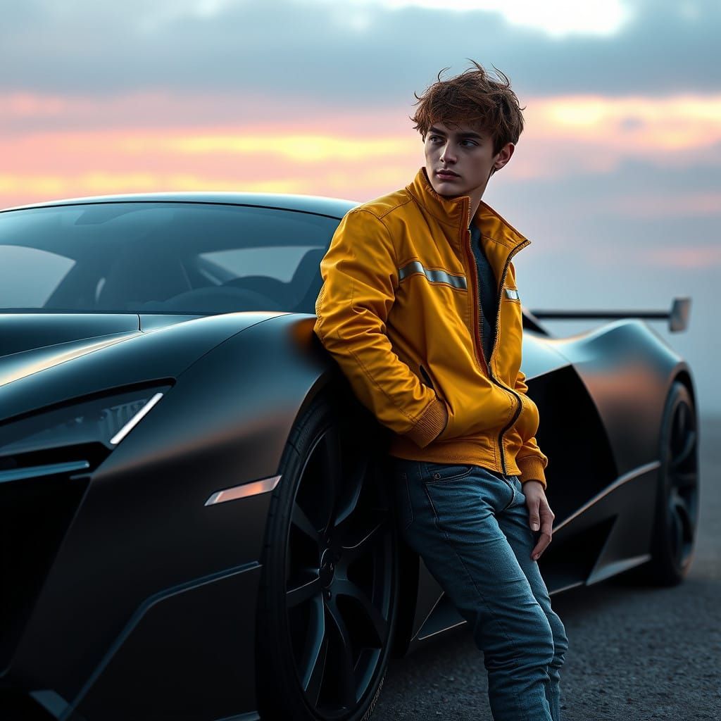 Young Man Leans Against High-Performance Racing Car in Futur...