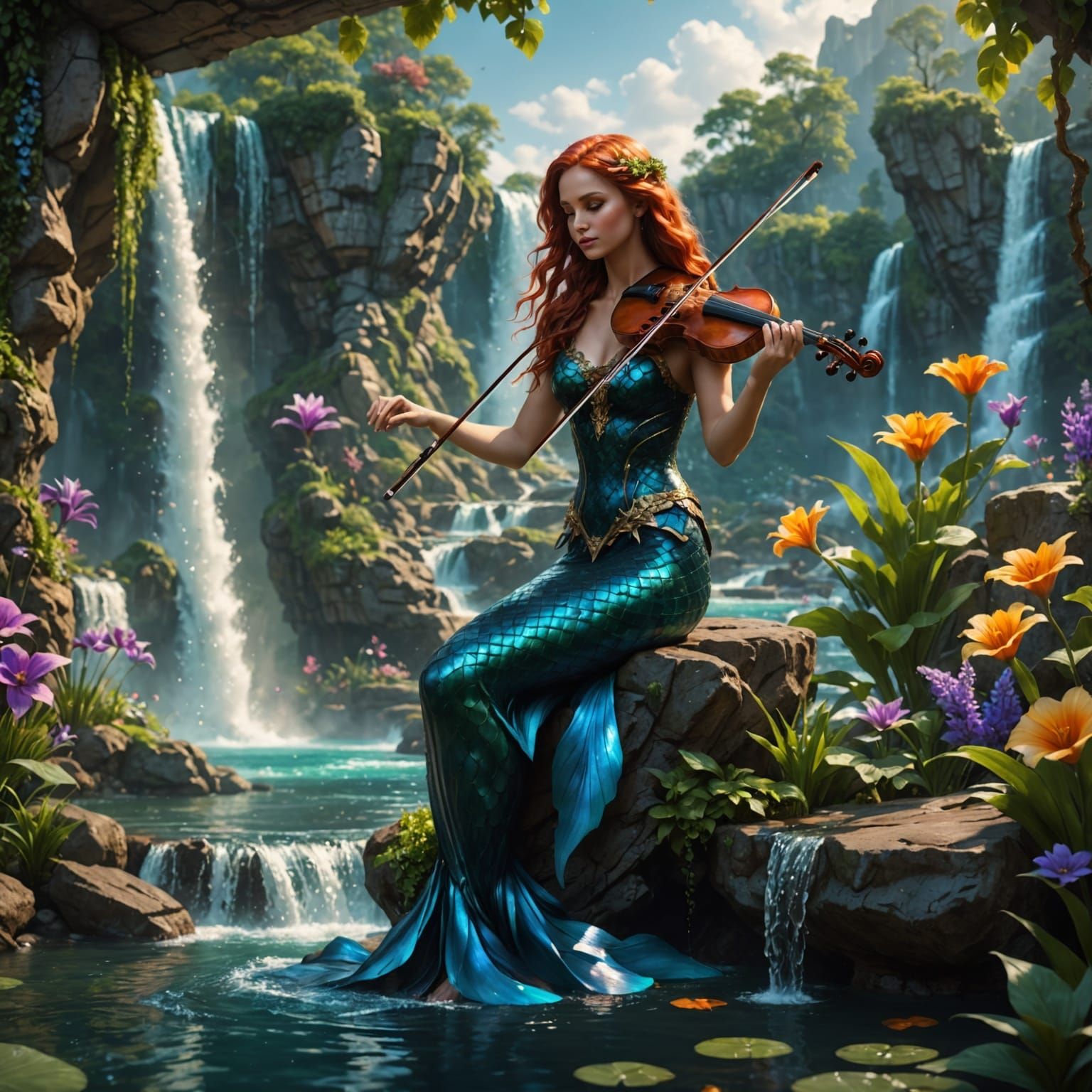 Beautiful mermaid holding a violin, missing a bow