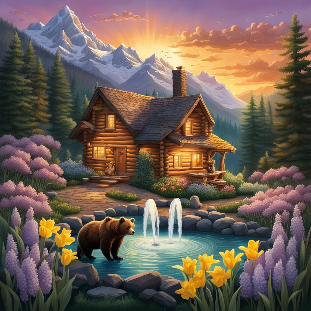 log cabin surrounded by mountains and thick forest.  a bear ...