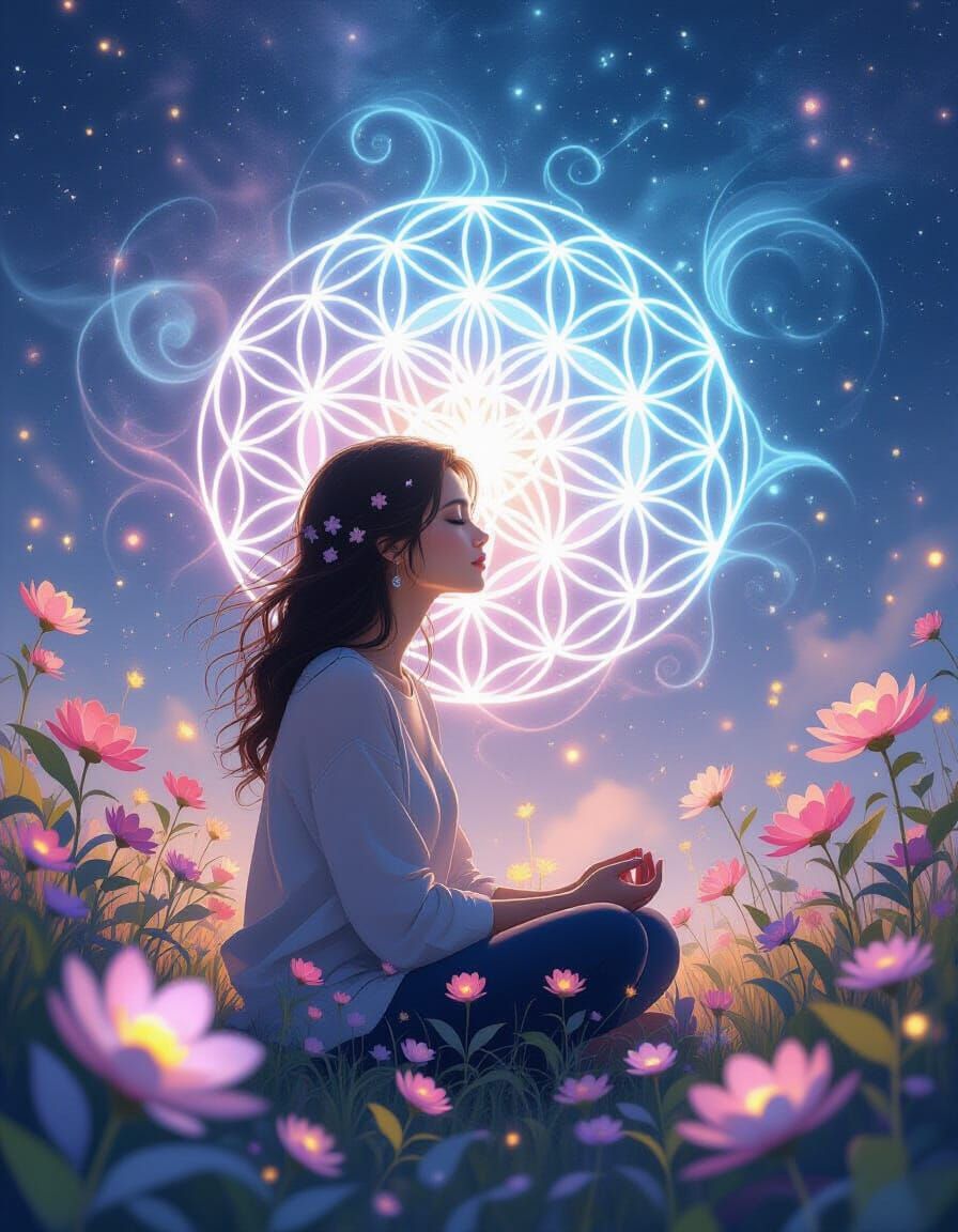 Woman Contemplating Flower of Life in Ethereal Cosmic Atmosp...