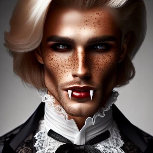 Fangs, <lora:SapphVampires:1.0> Gorgeous male man beautiful vampire woman covered in freckles, blonde hair, flawless skin, beautiful, perfec...
