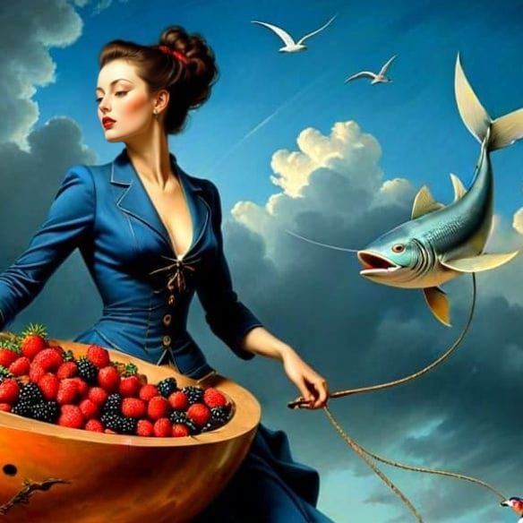 Surrealistic Portrait of a Happy Lady in a Fantastical Scene