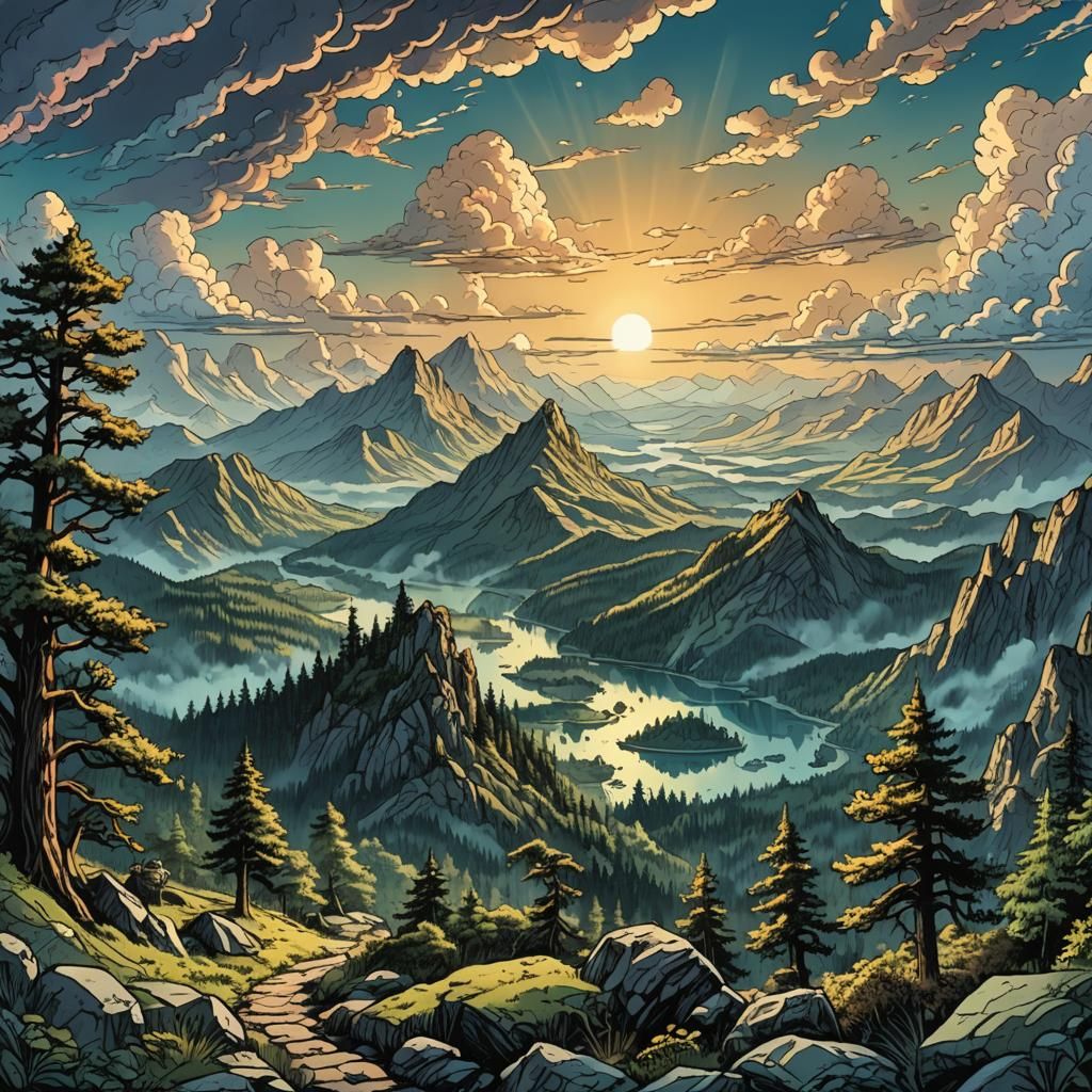 forest clearing, mountain range, breathtaking view, intricate clouds, dusk, reflective surfaces, vintage ...  by @Base the Bass