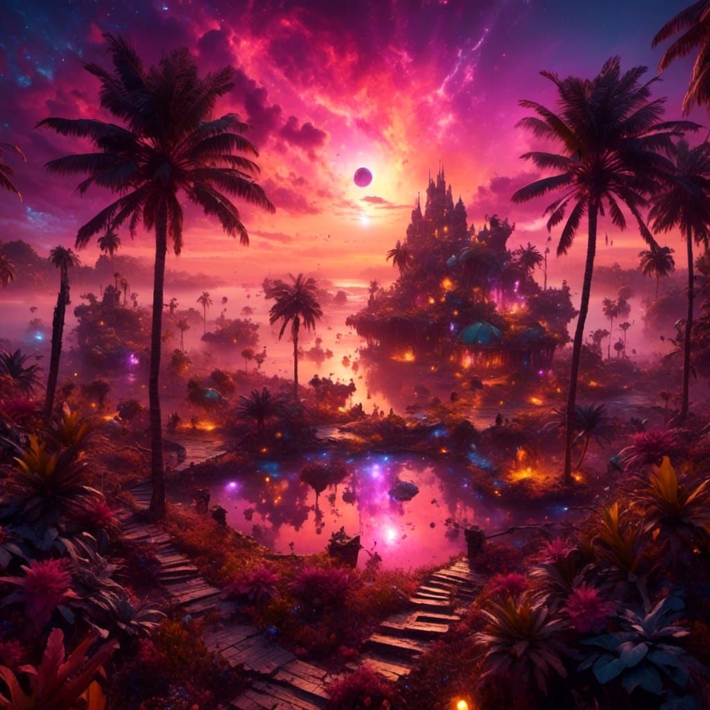 <lora:PurpleFantasy:1.0> A beautiful tropical sunset with th...