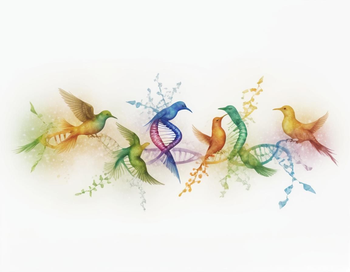 Different multi-coloured ephemeral mystical birds shaped like dna double helix structure