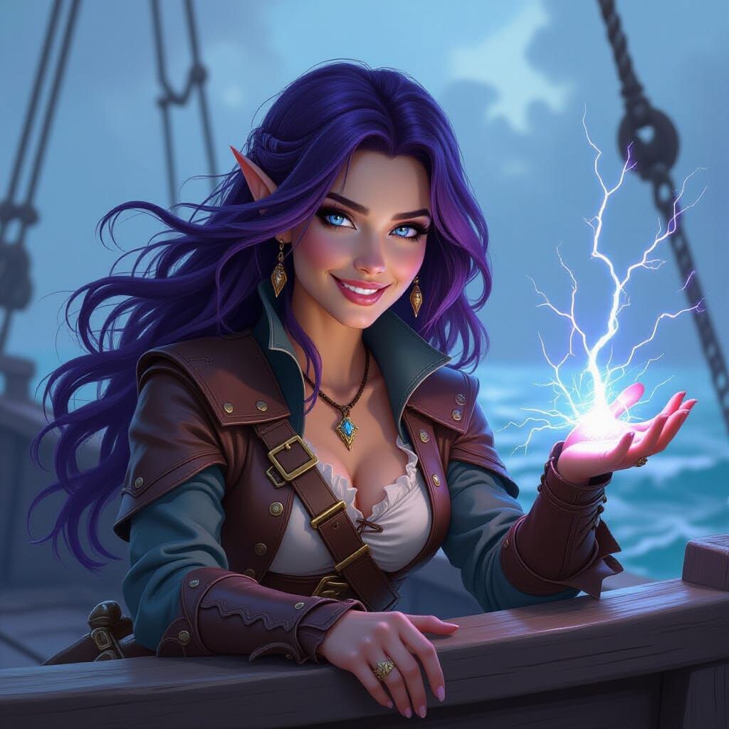 Elven pirate casting a ball of electricity