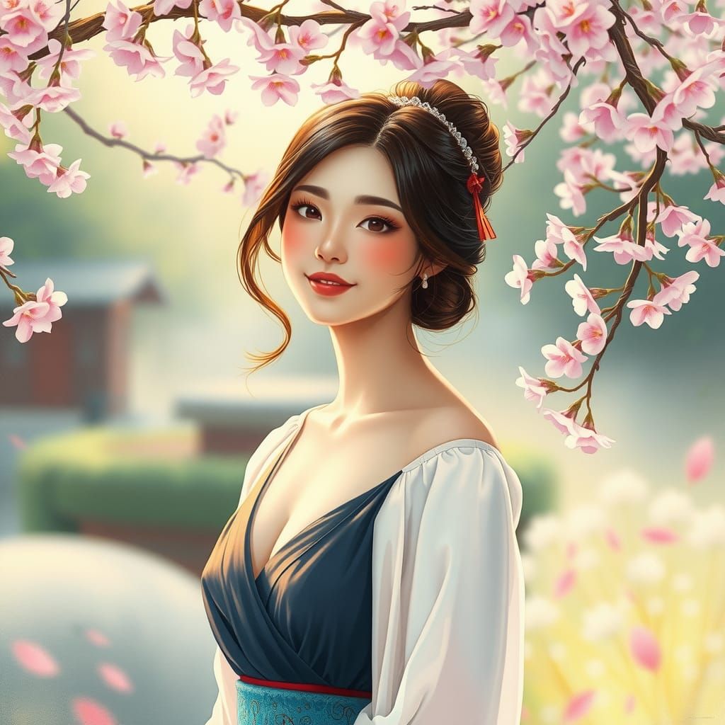 Smiling Woman in Japanese Garden, Dreamy Digital Art