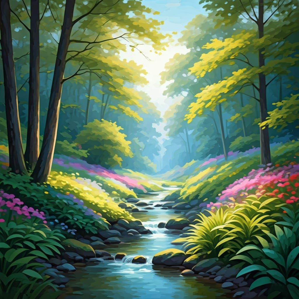 Idyllic Forest Stream in Impressionistic Style