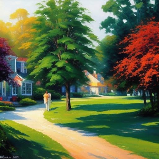 Summer Day at home:: hyperdetailed::  Thomas Kinkade:: Leoni...