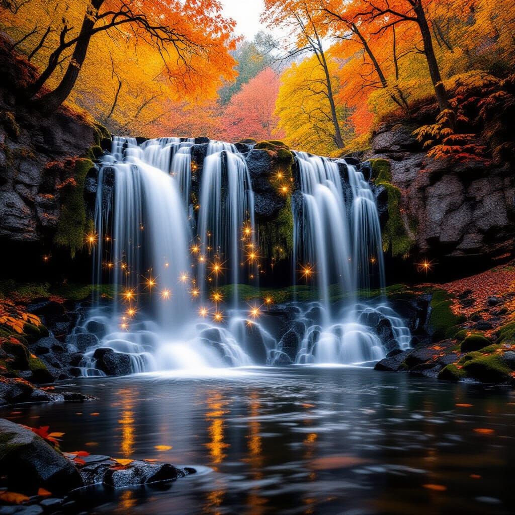 waterfalls with fairy lights in autumn