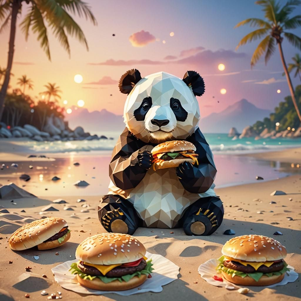 Panda Bear Eating Burger in Whimsical Low-Poly Style