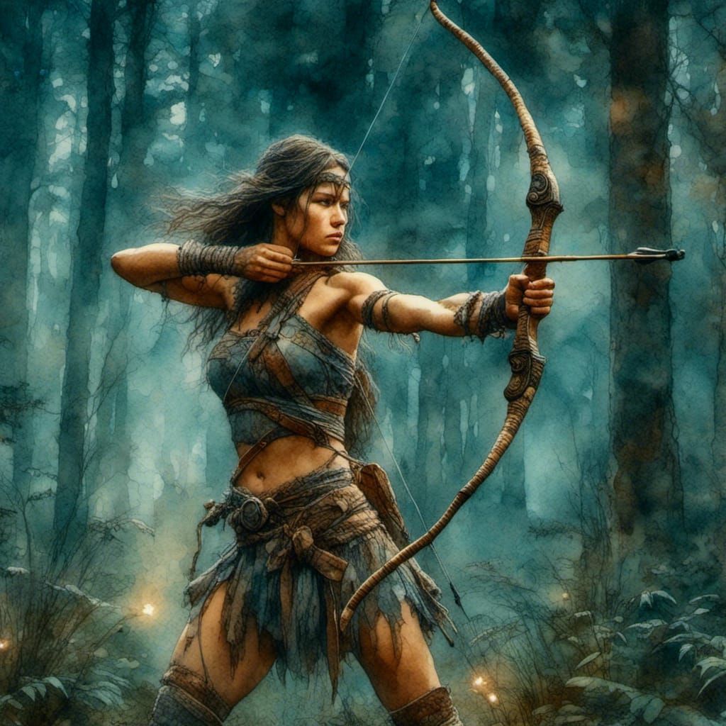 <lora:Barbarian Hero Style:1.0>  the watercolor painting  of an the barbarian female archer shotiing a bow , night forrest, frayed,  in the...