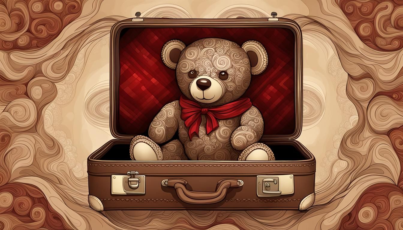 Ancient Teddy Bear in Suitcase with Abstract Vector Fractal