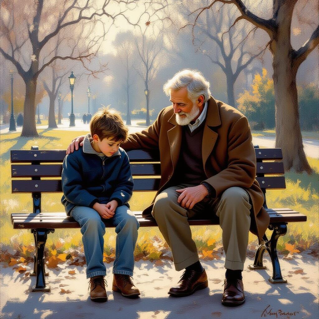 Comforting Touch: Man Soothes Sad Boy on Park Bench