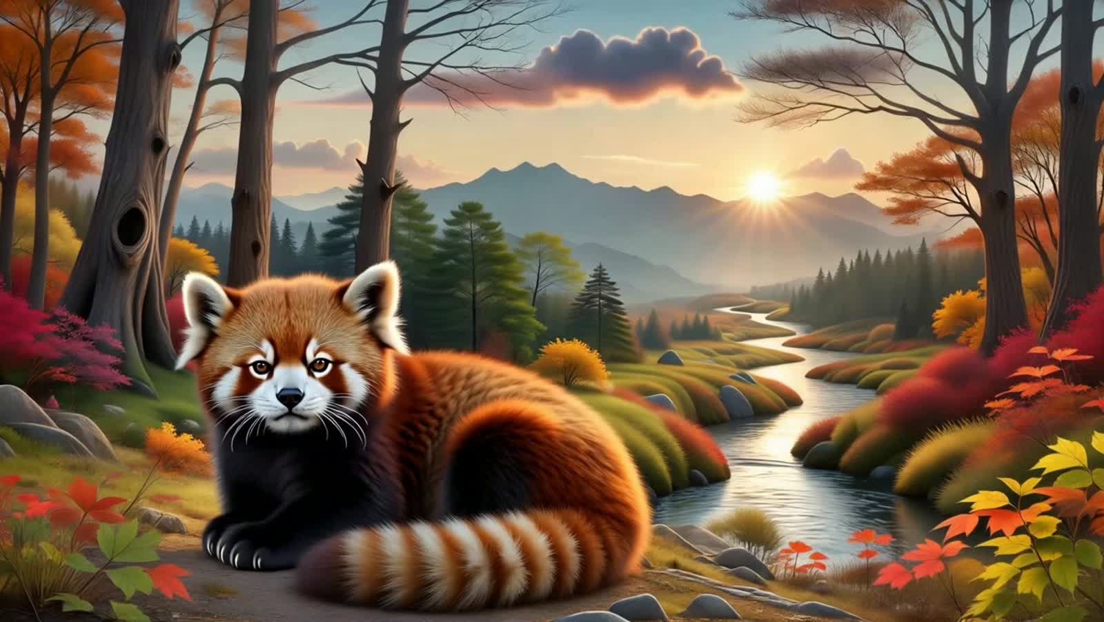 A relaxed red panda, curled up and basking in the warm glow of sunrise, sets the tone for a serene landscape. Gentle cur...