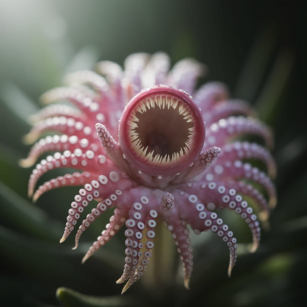 macro photo of a flower which has octopus tentacles for its petals and a mouth like the sarlac pit in ...  by @DragonSmoke
