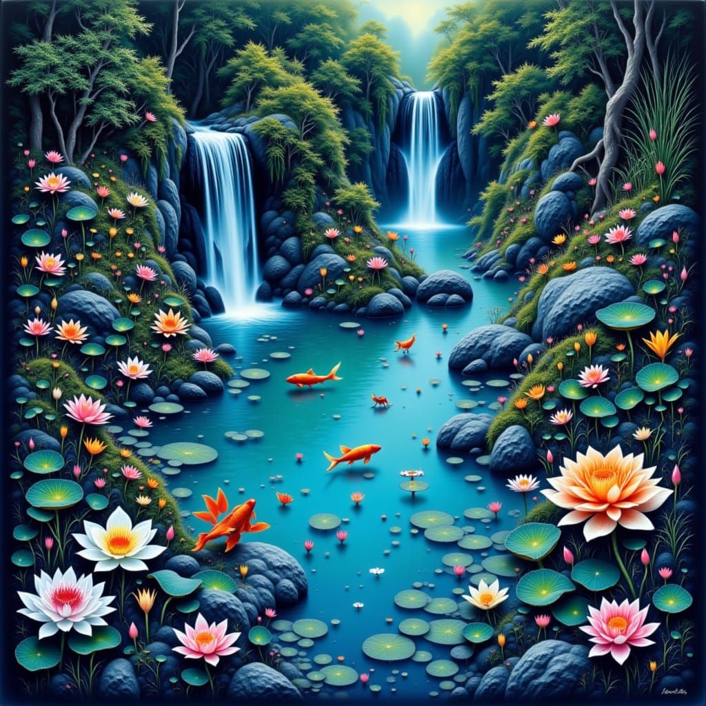 <lora:Chromatic Characters:1.0>  A serene koi pond with bioluminescent lily pads and glowing waterfalls, surrounded by lush, alien vegetatio...