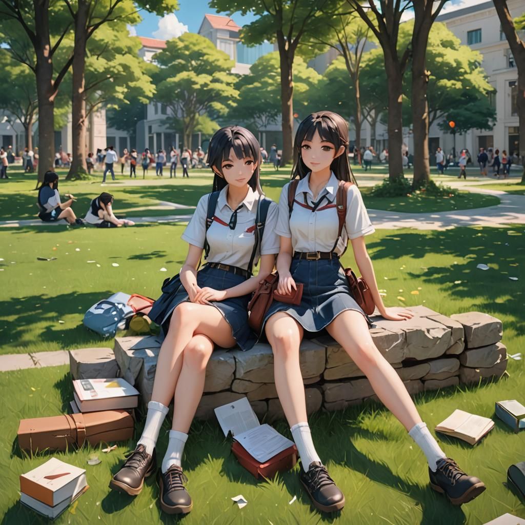 2 college students on campus. They are all dressed different...