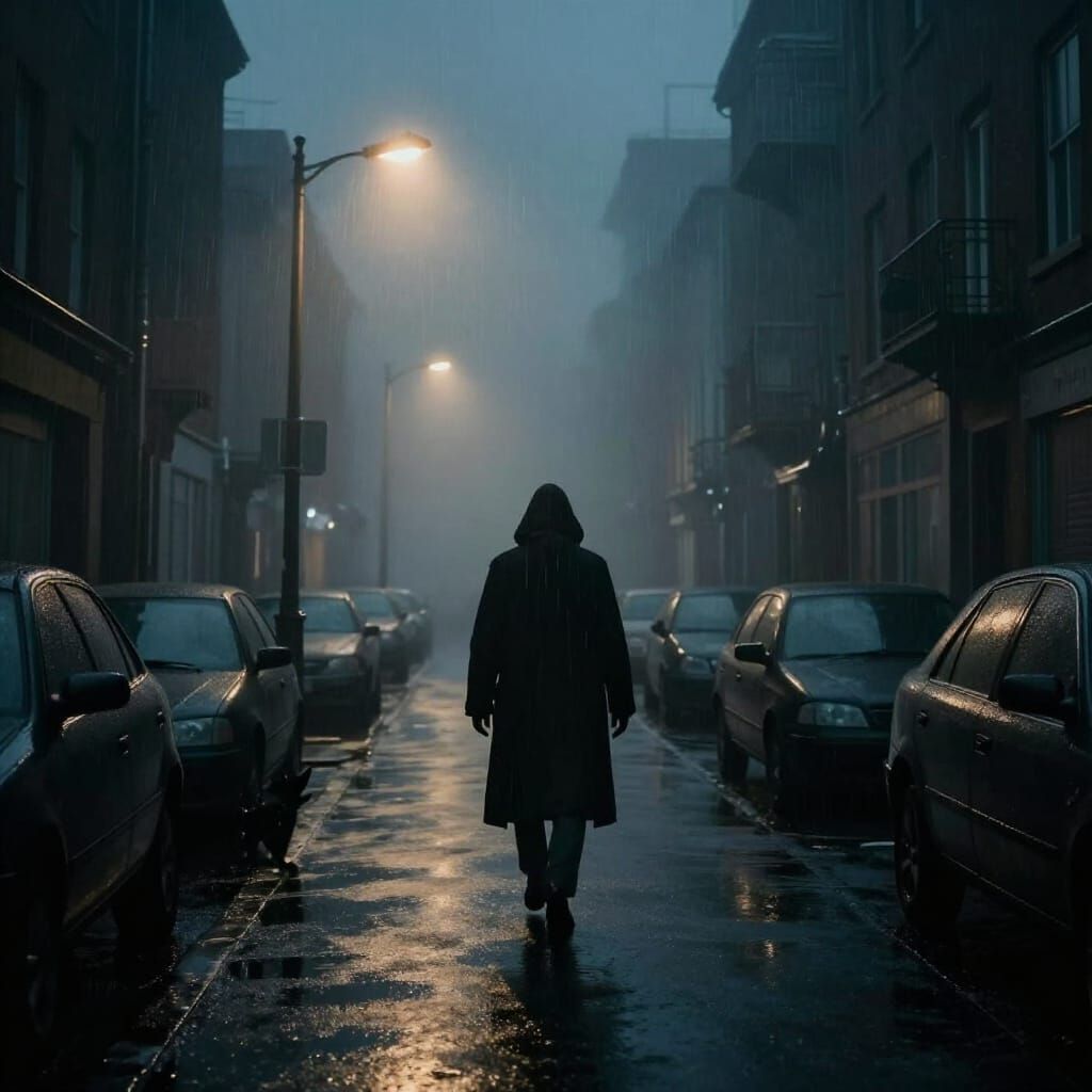 Mysterious Figure in Foggy Urban Street at Night