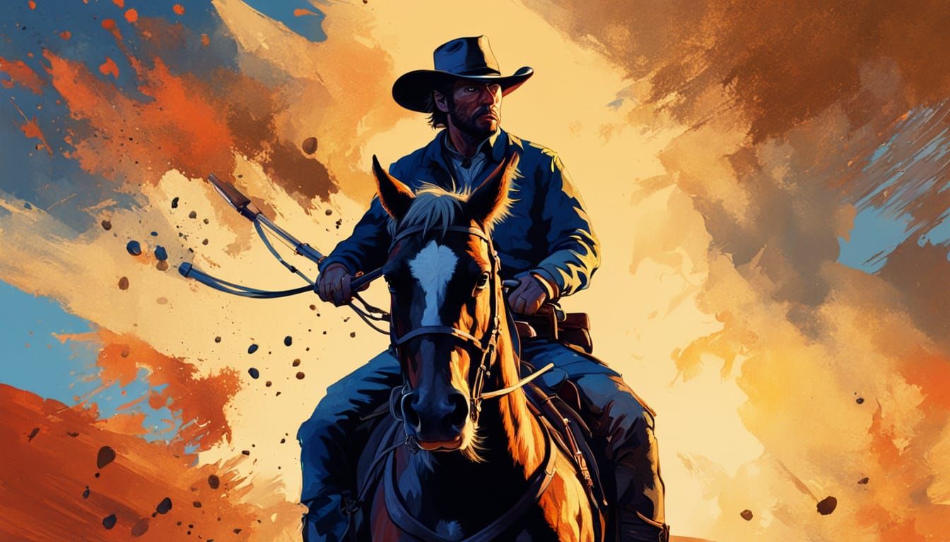 Hyperrealistic concept art. Close-up of a cowboy on horseback. Shot from below. Vibrant splatter style. Intense eyes. Dramatic shading. Warm...