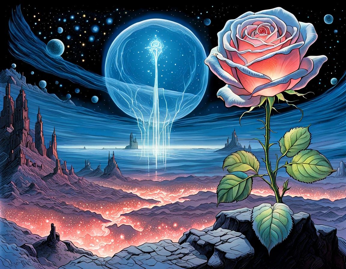 small foreground: ethereal ghostly transparent rose with bioluminiscent glow, night sky full of stars background