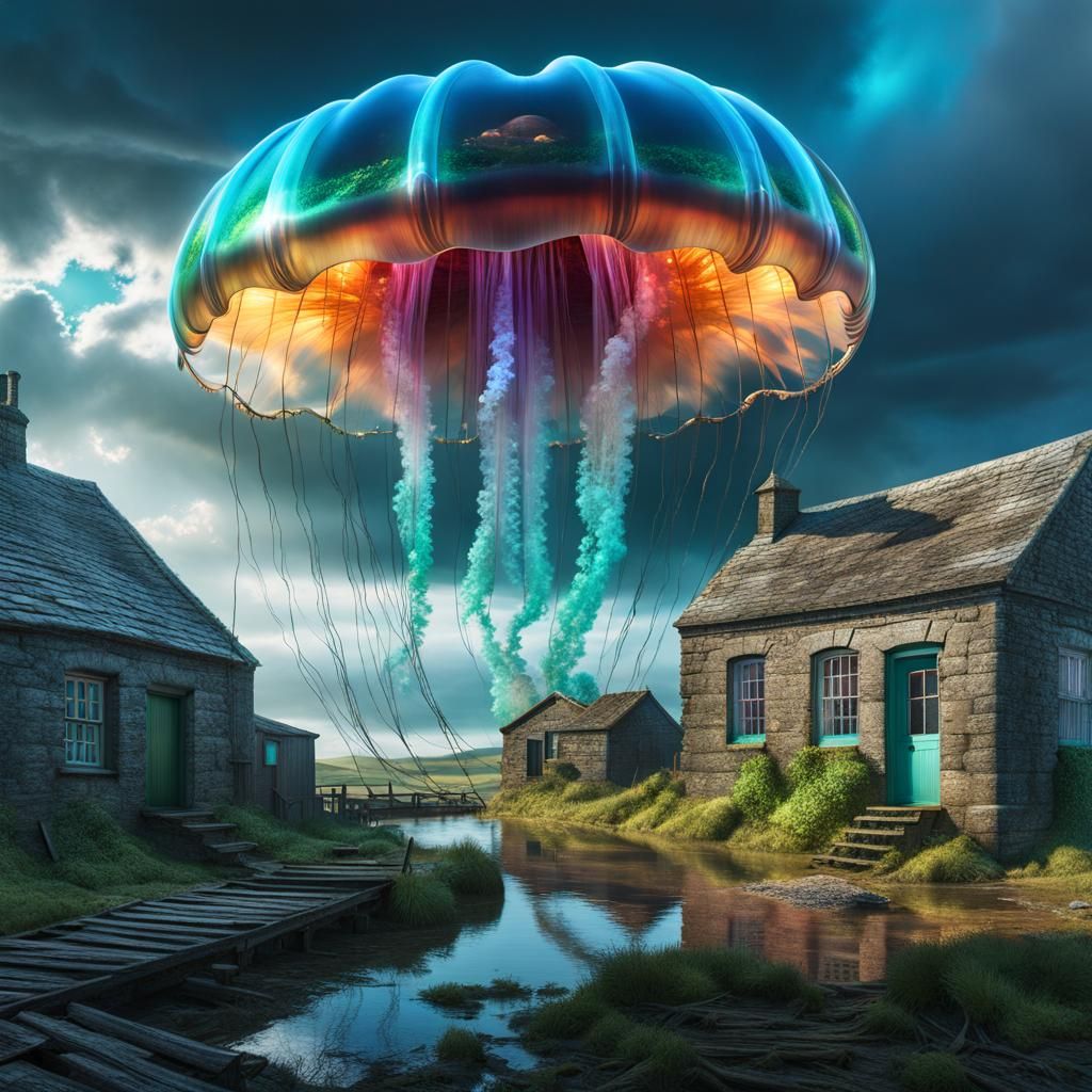 Giant floating jellyfish over abandoned dystopian Welsh vill...