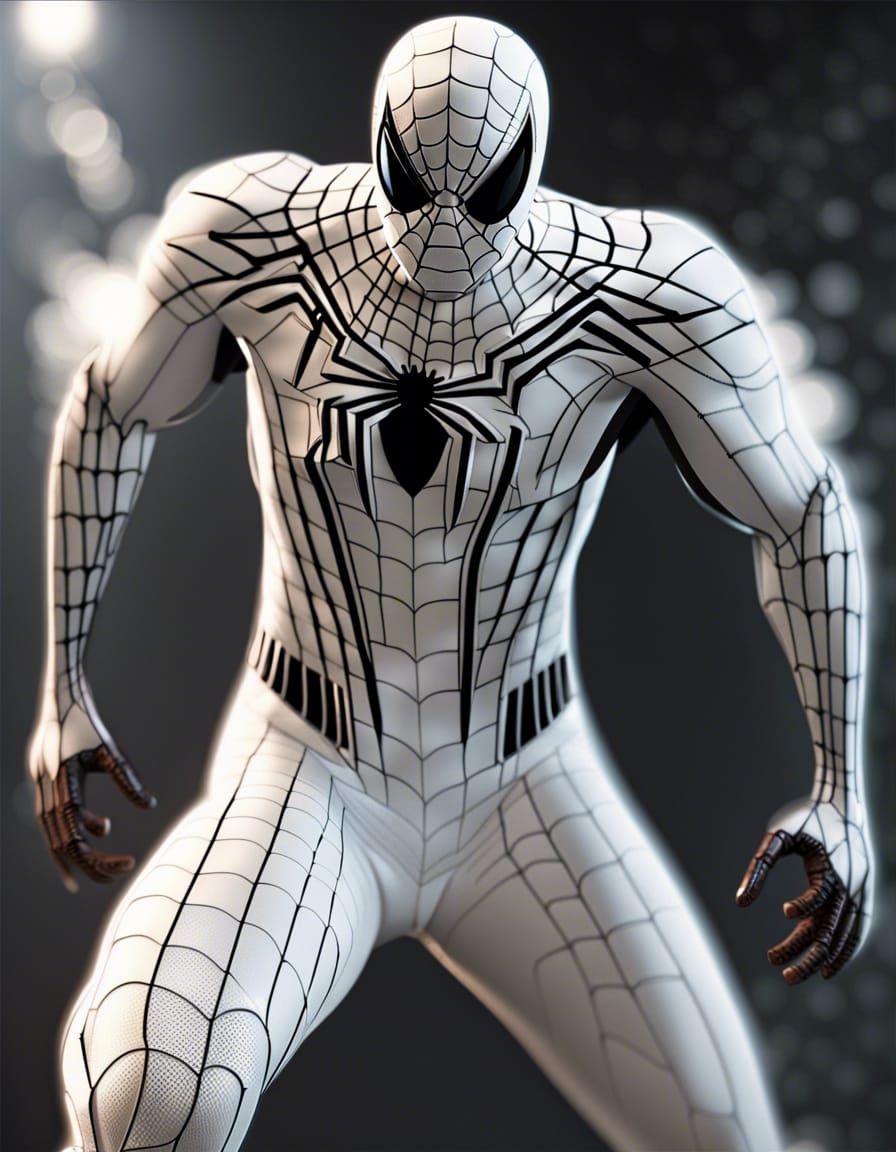 white spider man suit with black web lining, cinematic, volumetric