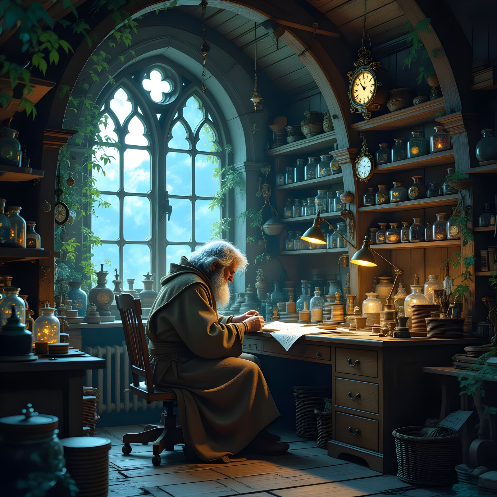 Clockmaker in Treehouse Workshop, Enchanting Illustration