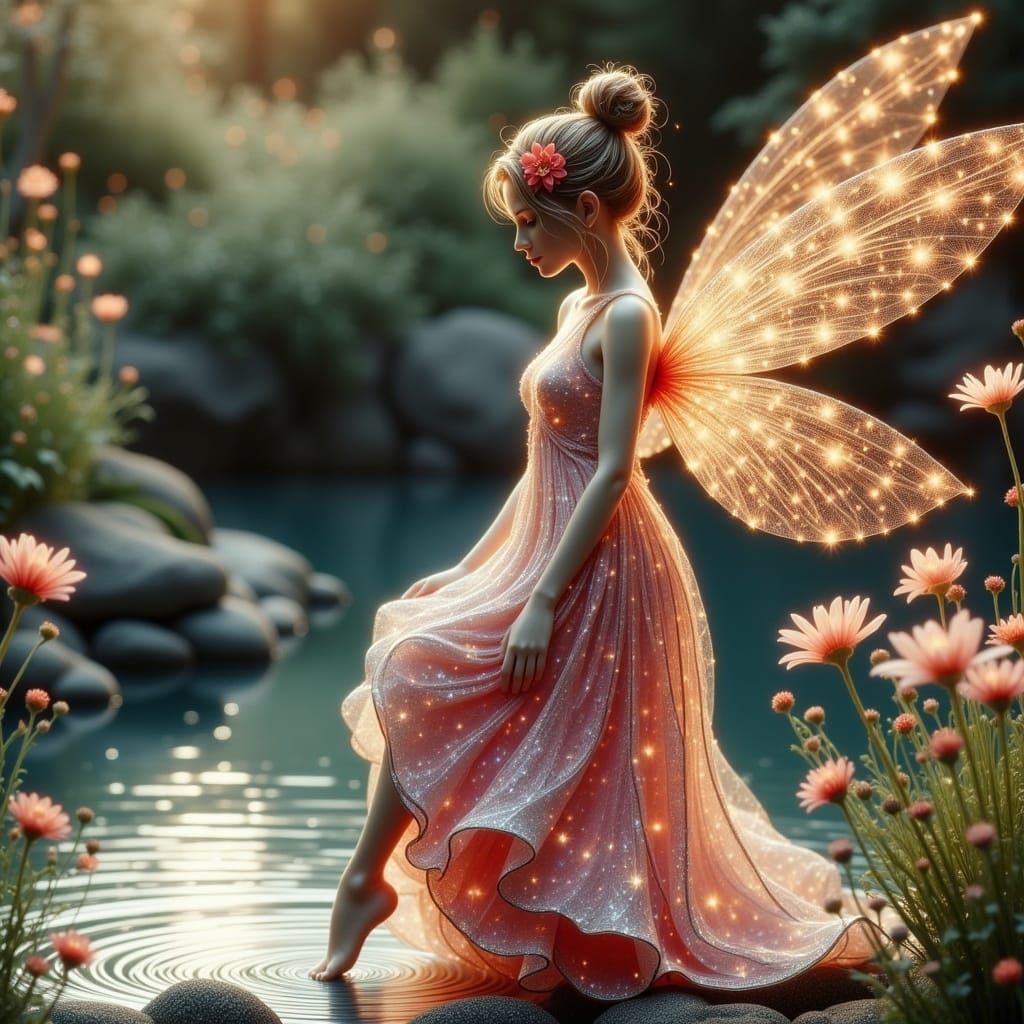 <lora:Magical Stars Flux:1.0> Delicate, translucent colored enameled glass fairy figurine with intricate wings and a flowing gown, shiny sur...