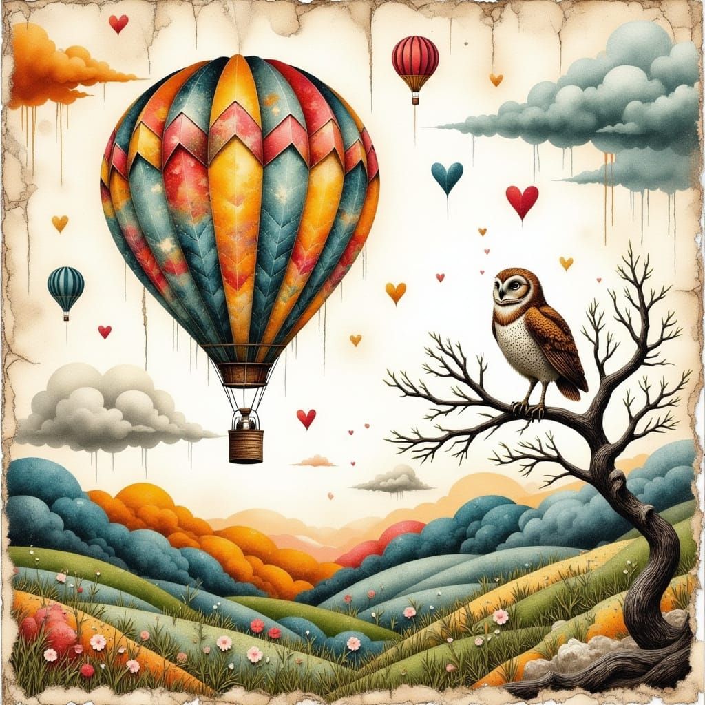 Whimsical Hot Air Balloon Flight in Mixed Media Style