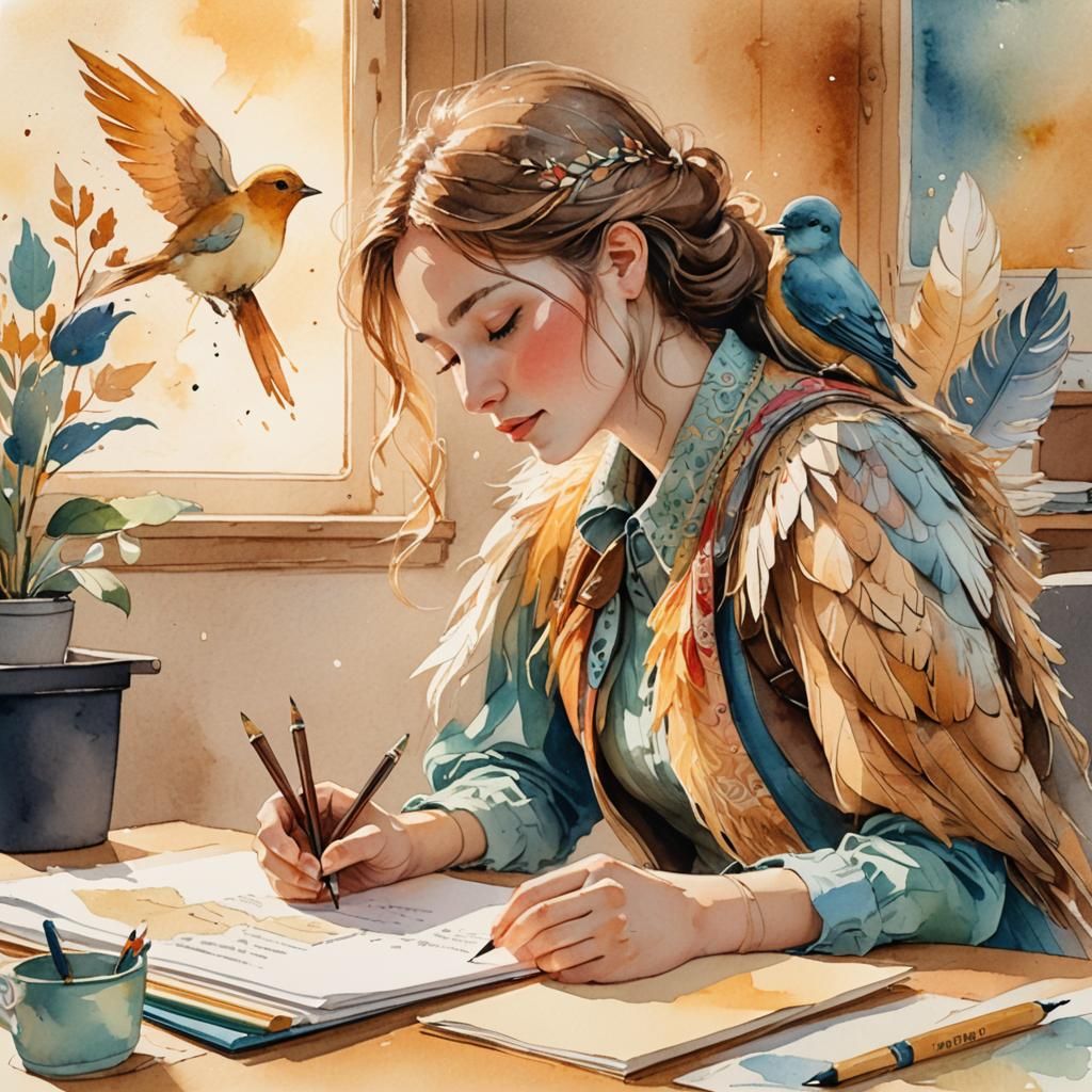 Whimsical Bird Whispering Illustration in Watercolor Style