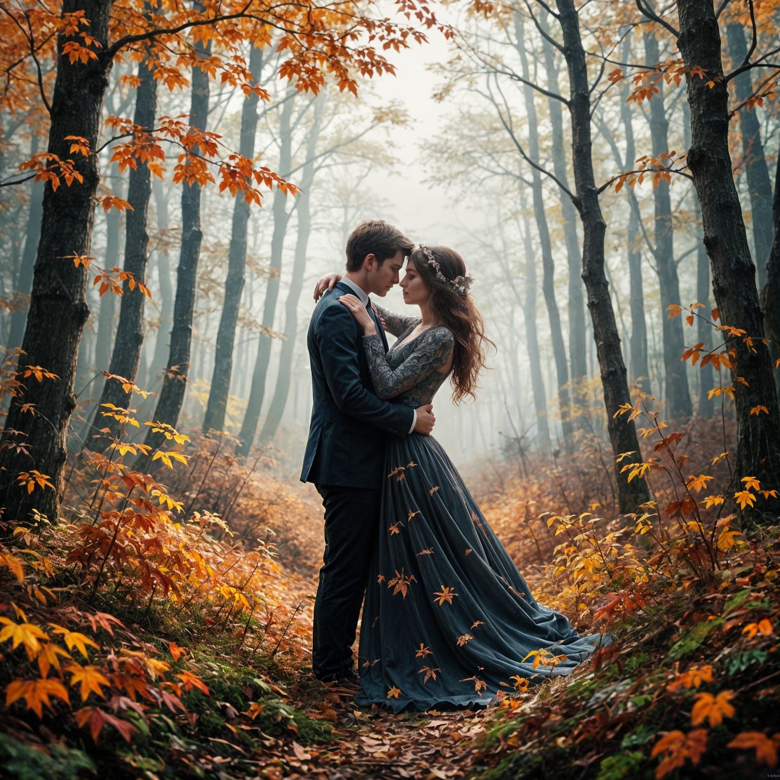 A young couple stands in a misty autumn forest.  by @Tilted25