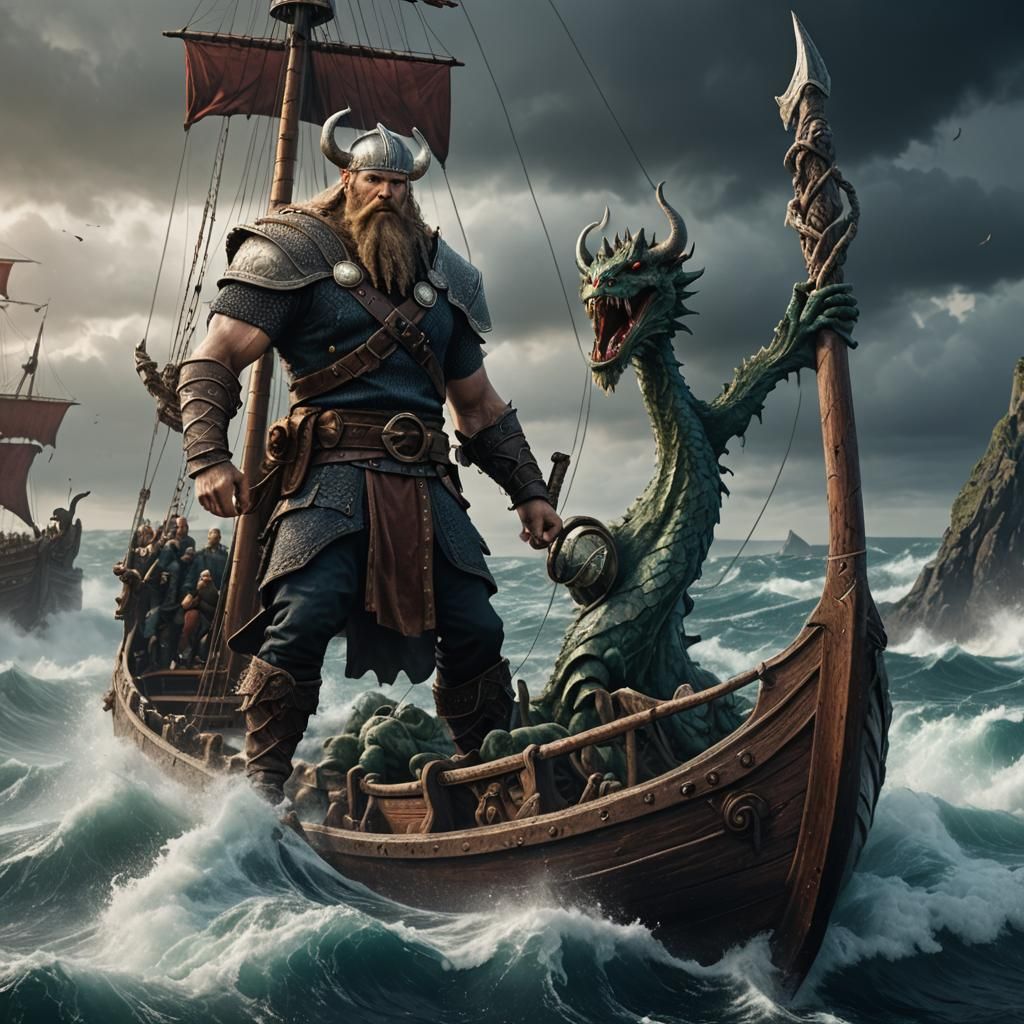 Hyper Realistic strong tall viking on a ship, with wild wate...