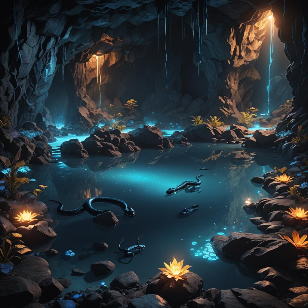 A black cave with a glowing blue pond, glowing blue stones o...