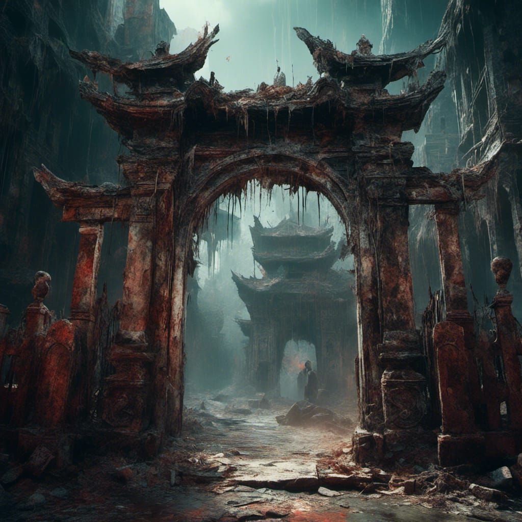 <lora:Macabre:1.0> An Asian city with its ornate gates.