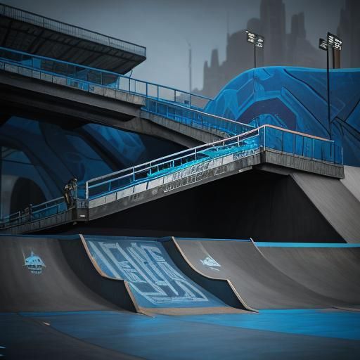Alien (skatepark) blue, at night, alien Skateboarder doing t...