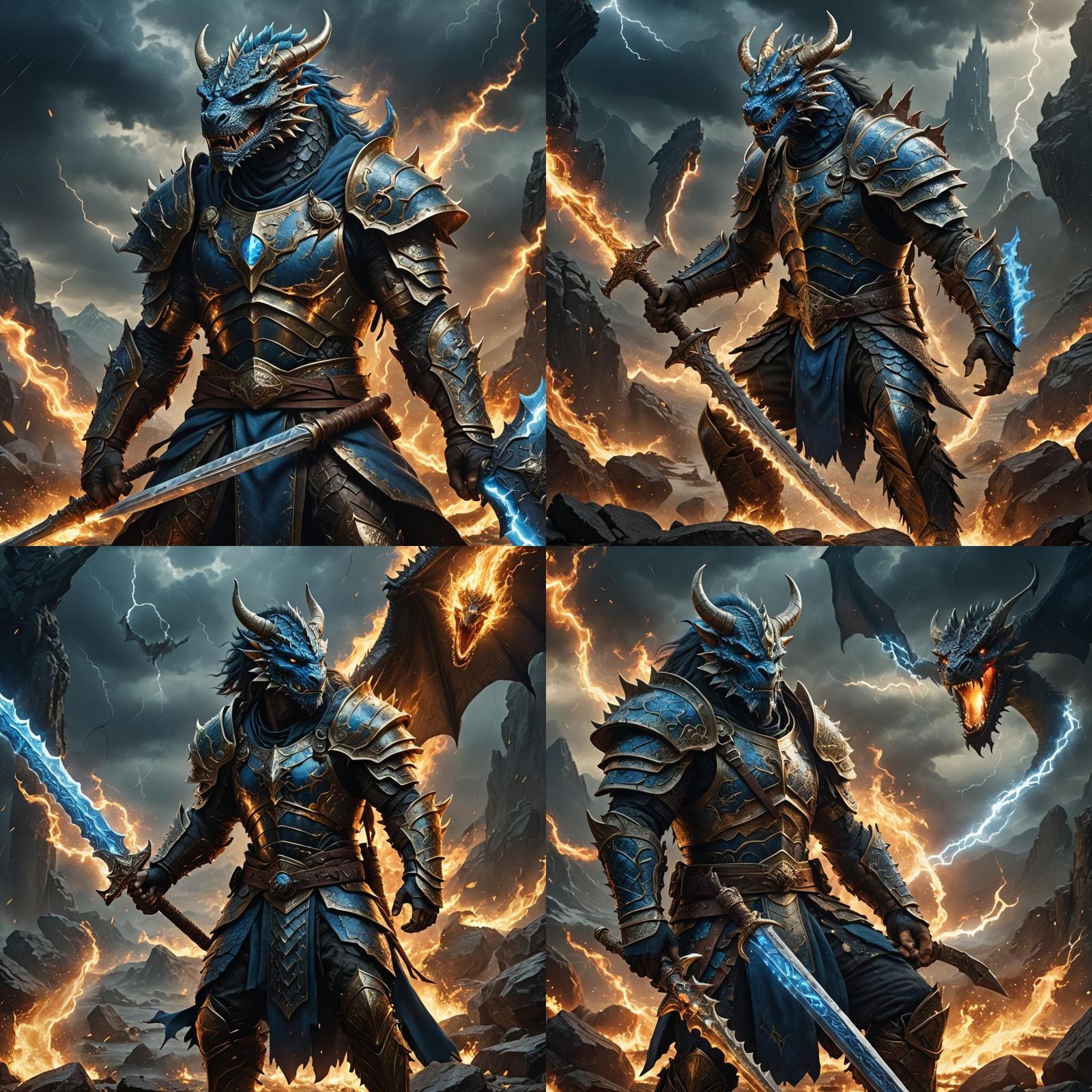 Dragonborn warrior. Barbarian class type. Holds one long, blue, flaming ...