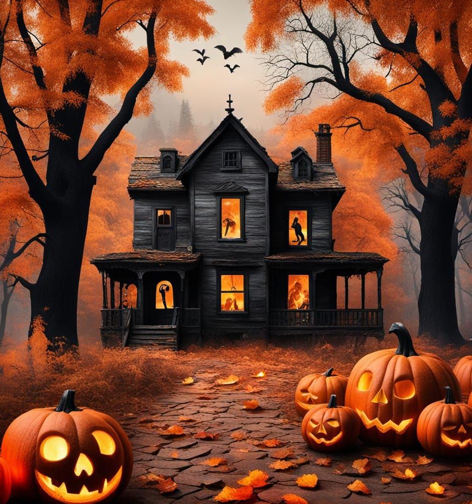 Ethereal Autumn Scene with Ghostly Figures