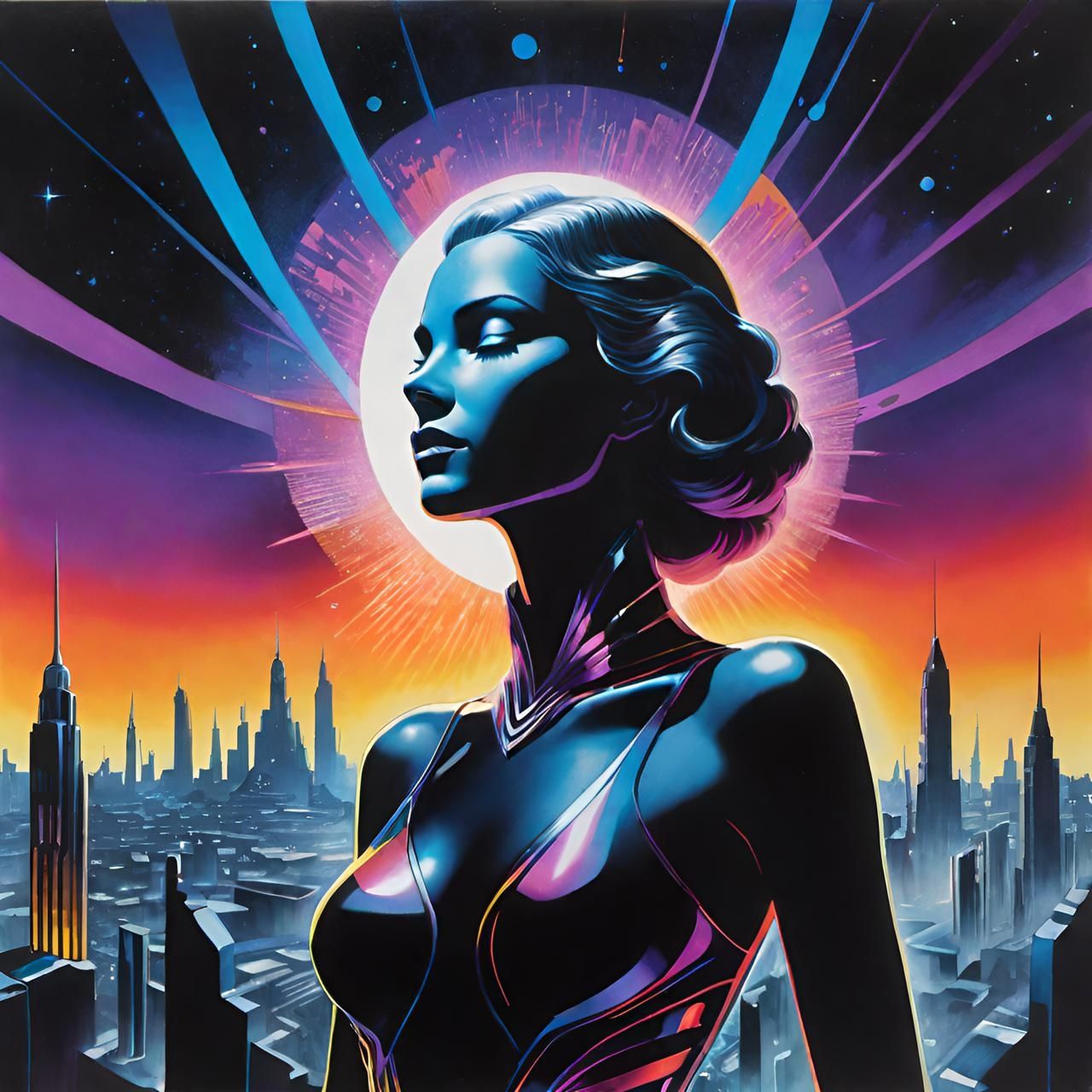 Woman in a minimalist, art-deco cityscape, her body sculpted...