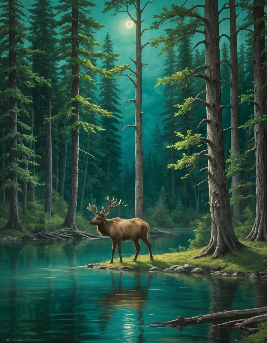 (Stormy Sky, Moonrise) crashing tides, directing powerful ocean storms, Oil Painting A crystal clear lake with vivid turquoise waters, surro...