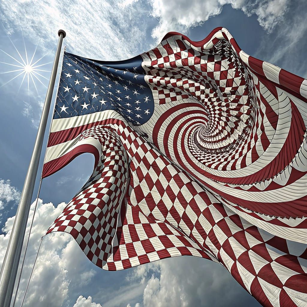 wavy american flag Optical illusion art, distorted patterns creating an impression of movement, warped, twisted checkerboard patterns, swirl...