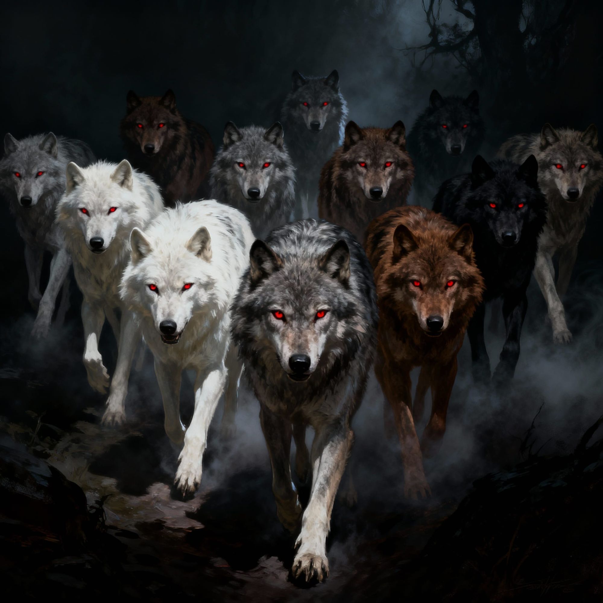 Wolves jump in unison teeth bared