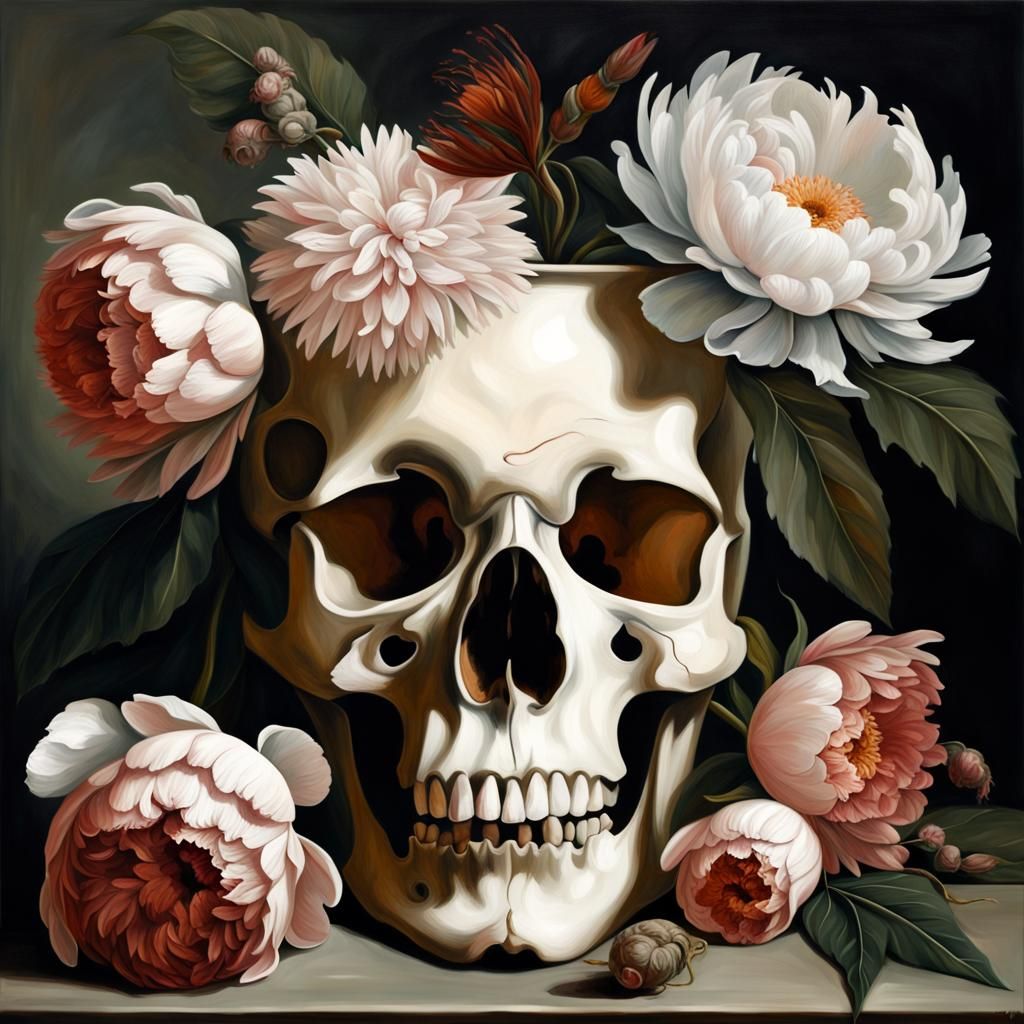 Still Life With Flowers And Skull Vase